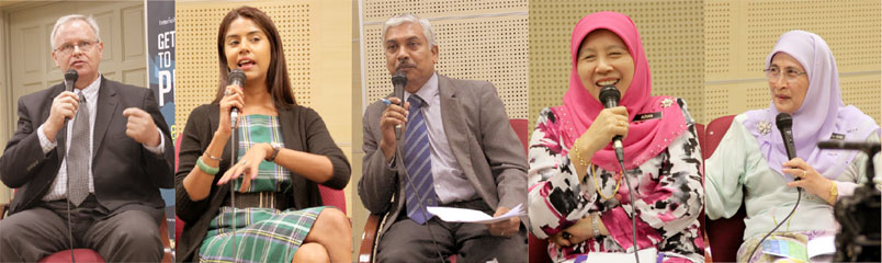 Dr Tony Devine,Founder and Executive Director of LeadIn USA, Ms Veena Sidhu, CEO of Mindvalley Engage and Mindvalley Publishing, Moderator: Mr Puniamurthy Krishnasamy, Senior Principal Assistant Registrar, University of Malaya, Dr Azian Tengku Syed Abdullah, Deputy Director, Ministry of Education Malaysia, Datin Noorul Aini bt Ambak, Principal of SMK Sri Aman, PJ & AJK of Secondary School Principals Council