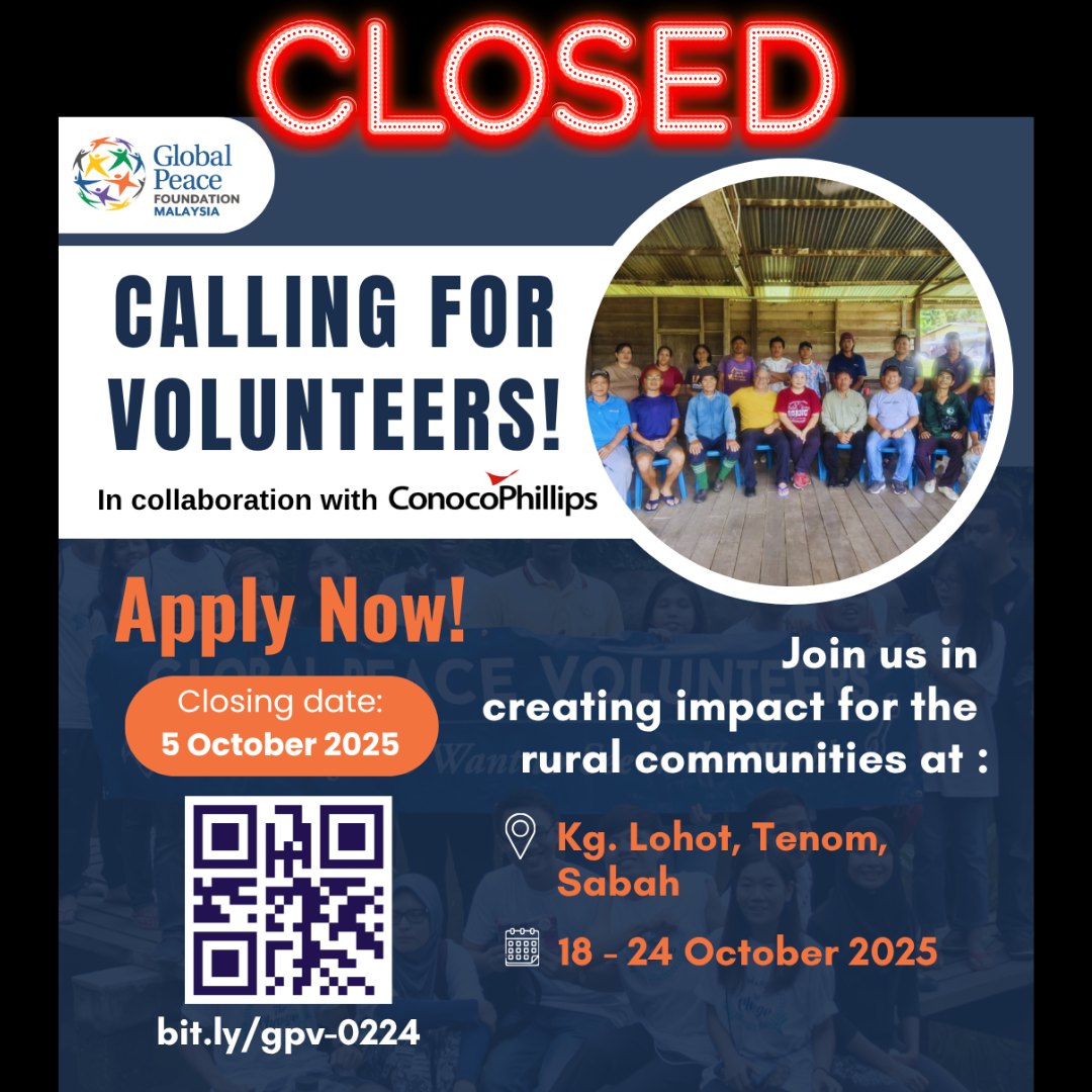 - Your support came pouring in, and we couldn’t be more thankful -
The response has been incredible! thank you all for the overwhelming support ❤️
The application period is now CLOSED, and we’re truly grateful to everyone who applied, shared the word, reached out with interest, or simply kept us in your thoughts!
With limited slots available, only a small number of applicants have been shortlisted. Notifications will be sent out by OCTOBER 10. If you do not receive one, please know that your interest truly means a lot to us, and there will be more chances to volunteer and support upcoming projects for the communities on the ground!
We look forward to seeing you soon, volunteers!
#GlobalPeaceVolunteers #ChangemakersMalaysia #GlobalPeaceFoundationMalaysia