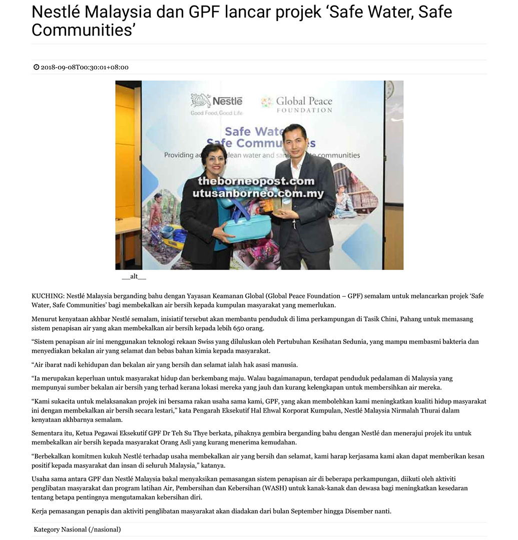 Nestlé Malaysia dan GPF lancar projek ‘Safe Water, Safe Communities’