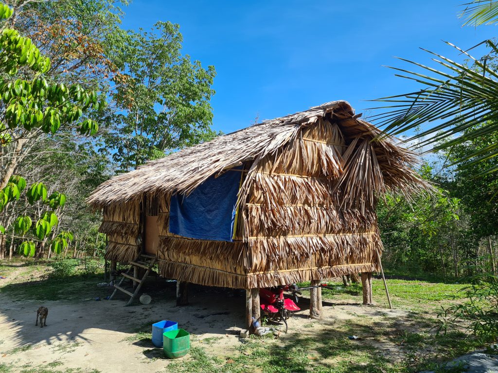 a straw hut with a blue cloth