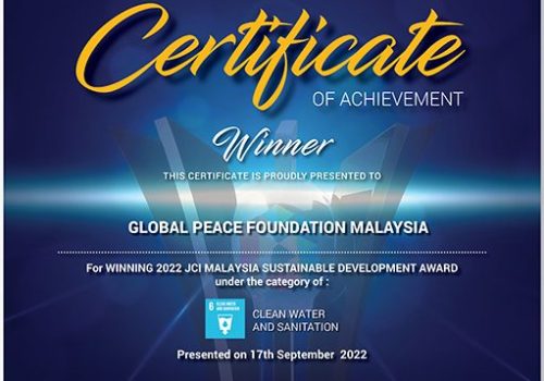 Global Peace Foundation received the SDG Award in recognition of our initiatives focused on SDG 6 – Clean Water and Sanitation. Our projects, which have significantly impacted the Orang Asli villages, encompass providing access to clean water, constructing washrooms, and offering comprehensive WaSH (Water, Sanitation, and Hygiene) training.